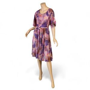 Vintage 1970s Purple Botanical Print Fit & Flare Belted Dress | S